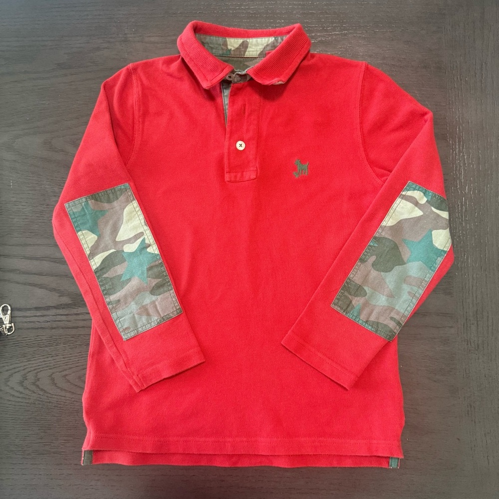 Mini Boden Boys Red Long Sleeve Polo Elbow Patch Size 6-7(122 cm)